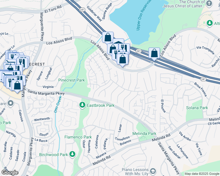 map of restaurants, bars, coffee shops, grocery stores, and more near 21402 Miramar in Mission Viejo