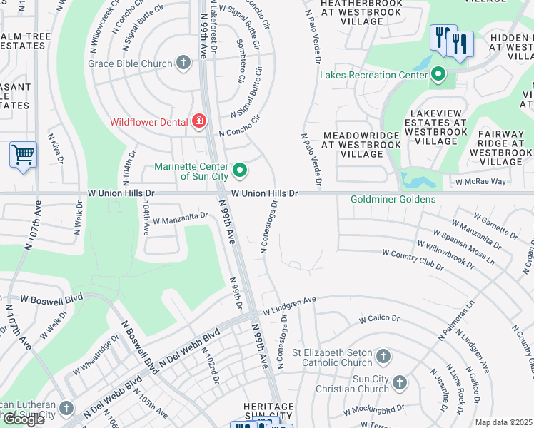 map of restaurants, bars, coffee shops, grocery stores, and more near 18418 North Conestoga Drive in Sun City
