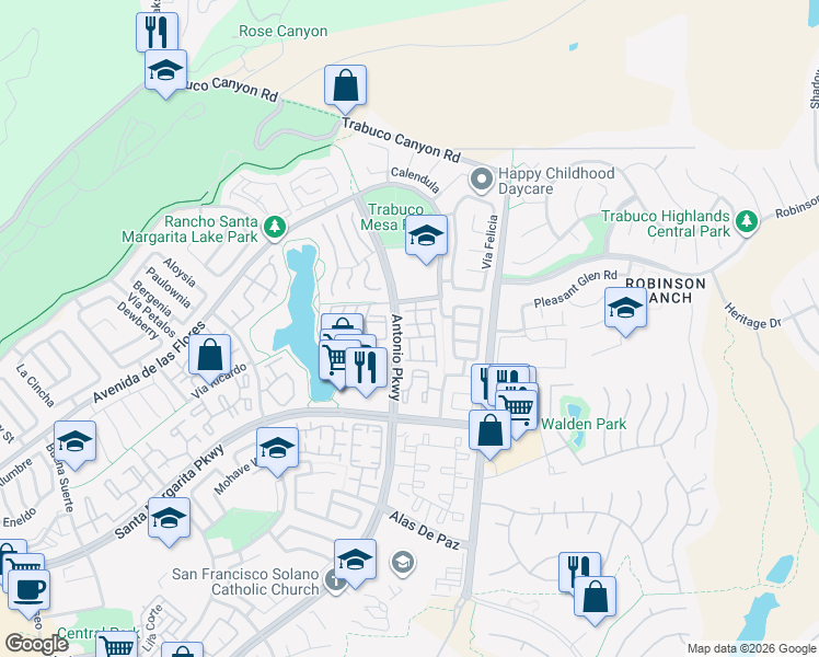 map of restaurants, bars, coffee shops, grocery stores, and more near 3 Orchid in Rancho Santa Margarita