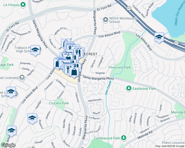 map of restaurants, bars, coffee shops, grocery stores, and more near 27992 Virginia in Mission Viejo