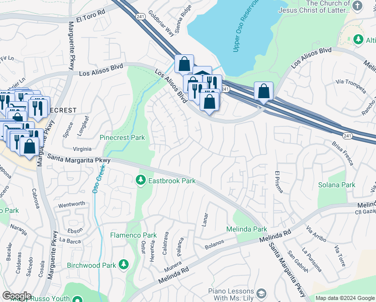 map of restaurants, bars, coffee shops, grocery stores, and more near 21402 Miramar in Mission Viejo