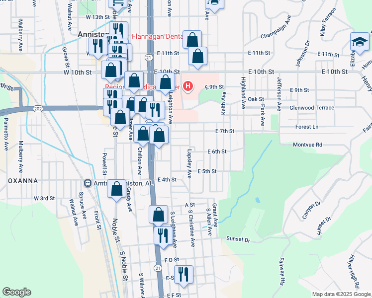 map of restaurants, bars, coffee shops, grocery stores, and more near 330 East 6th Street in Anniston