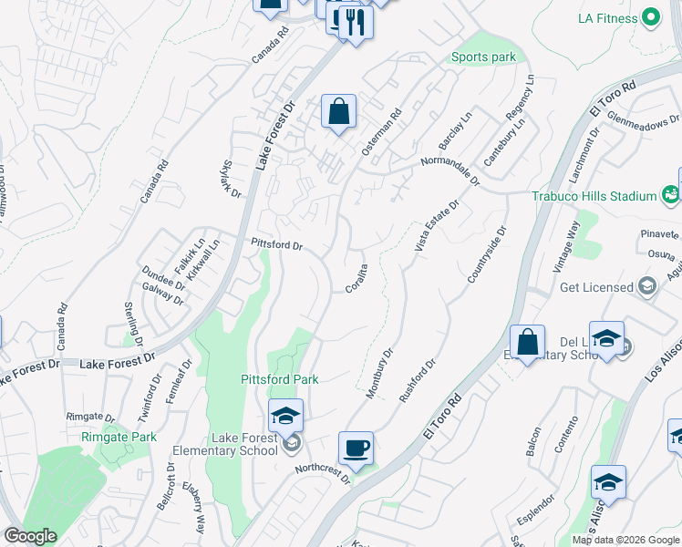 map of restaurants, bars, coffee shops, grocery stores, and more near 21491 Coralita in Lake Forest