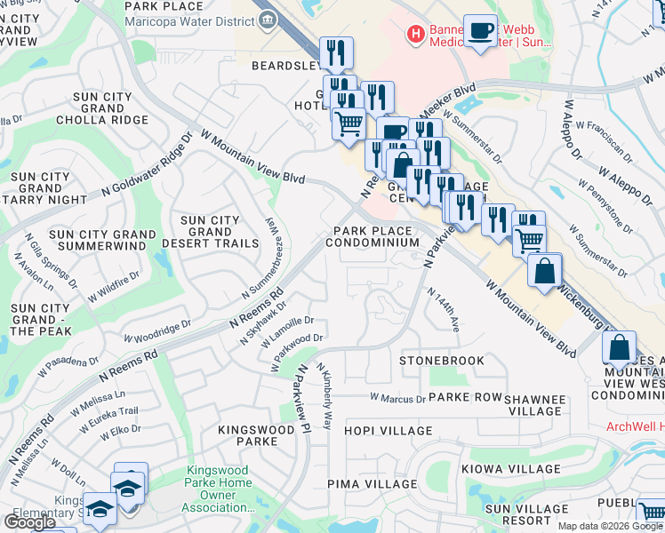 map of restaurants, bars, coffee shops, grocery stores, and more near 18323 North 147th Drive in Surprise