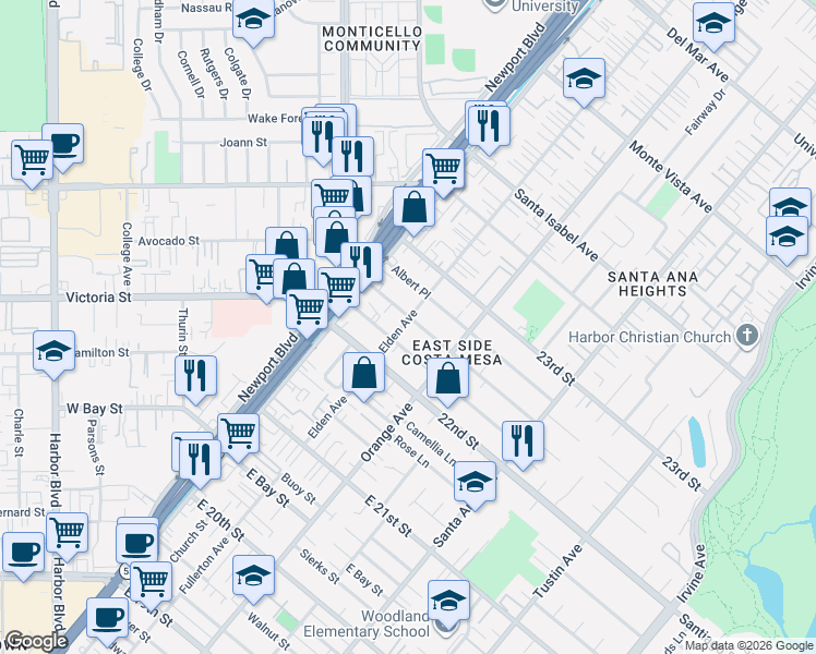 map of restaurants, bars, coffee shops, grocery stores, and more near 2242 Elden Avenue in Costa Mesa