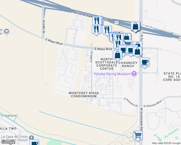 map of restaurants, bars, coffee shops, grocery stores, and more near 18220 North 68th Street in Phoenix