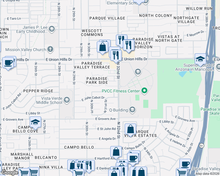 map of restaurants, bars, coffee shops, grocery stores, and more near 3103 East Villa Rita Drive in Phoenix