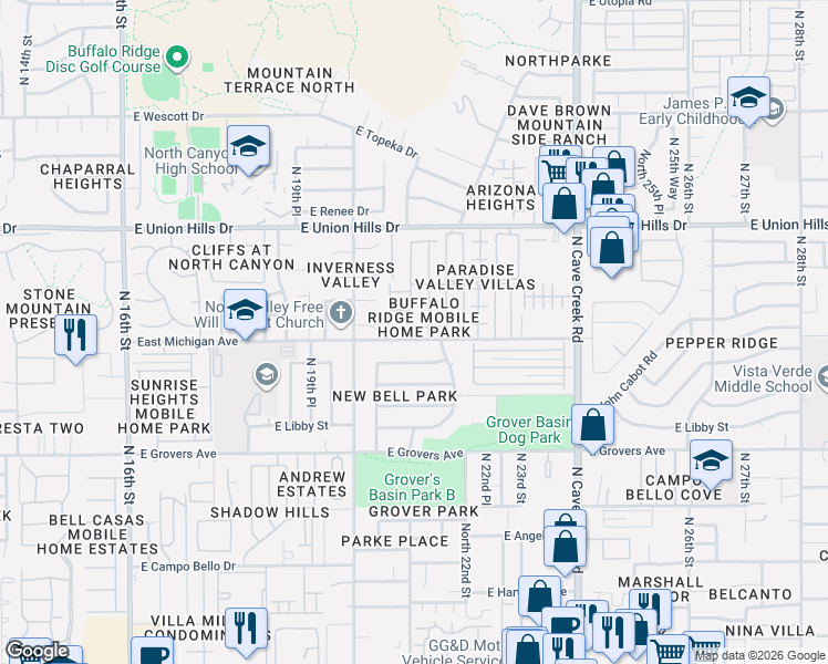map of restaurants, bars, coffee shops, grocery stores, and more near 2069 East Michigan Avenue in Phoenix