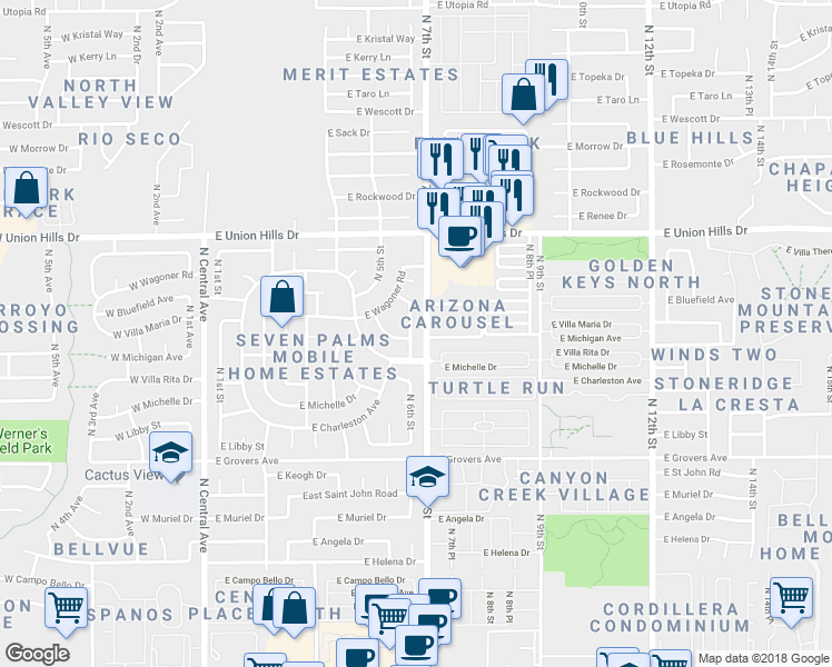 map of restaurants, bars, coffee shops, grocery stores, and more near 524 East Michigan Avenue in Phoenix