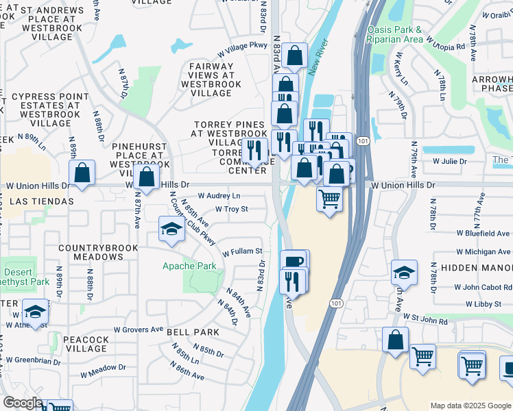 map of restaurants, bars, coffee shops, grocery stores, and more near 8342 West Bluefield Avenue in Peoria
