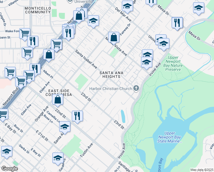 map of restaurants, bars, coffee shops, grocery stores, and more near 341 Peach Tree Lane in Newport Beach