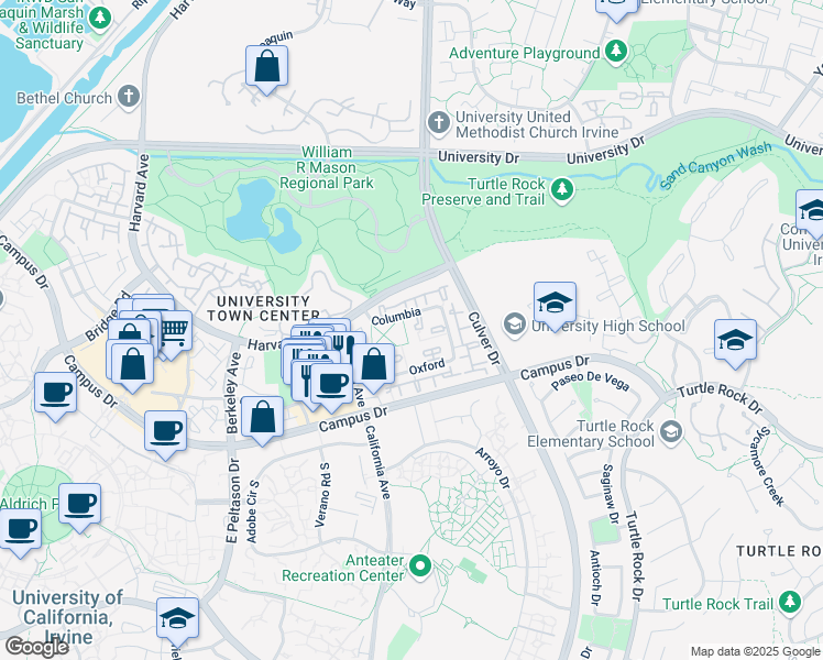 map of restaurants, bars, coffee shops, grocery stores, and more near in Irvine