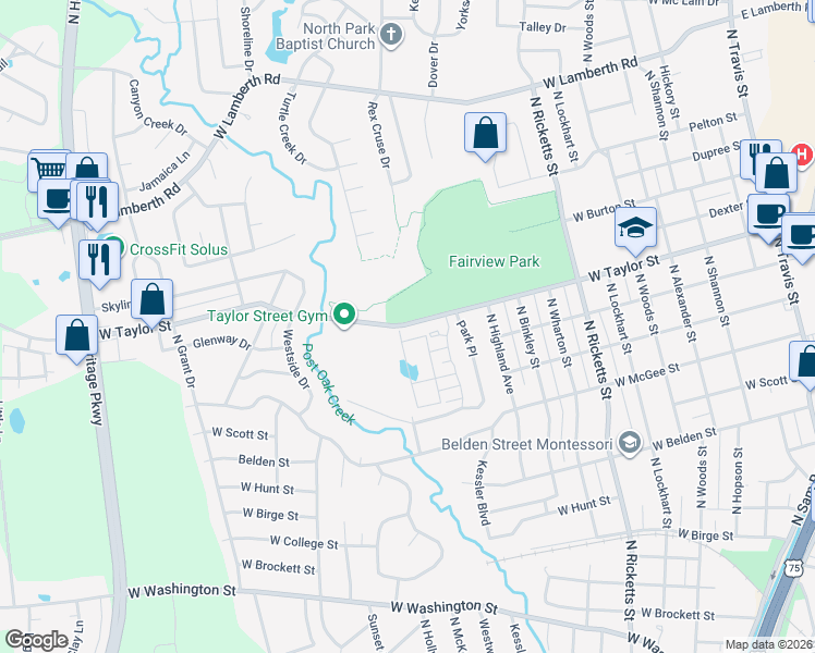 map of restaurants, bars, coffee shops, grocery stores, and more near 1350 West Taylor Street in Sherman