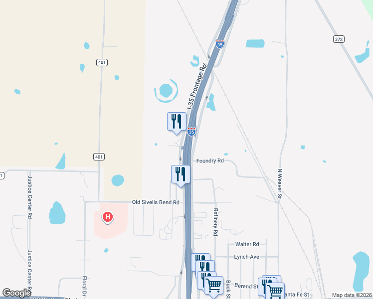 map of restaurants, bars, coffee shops, grocery stores, and more near 2105 Interstate 35 in Gainesville