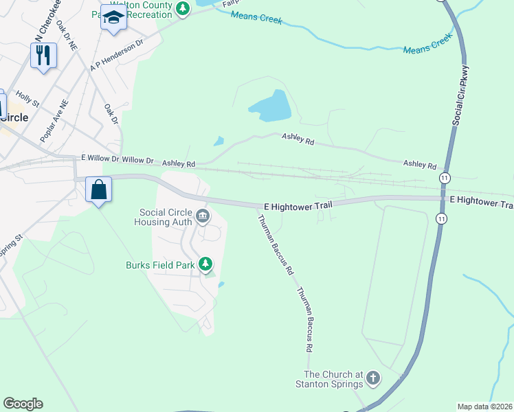 map of restaurants, bars, coffee shops, grocery stores, and more near 873 East Hightower Trail in Social Circle