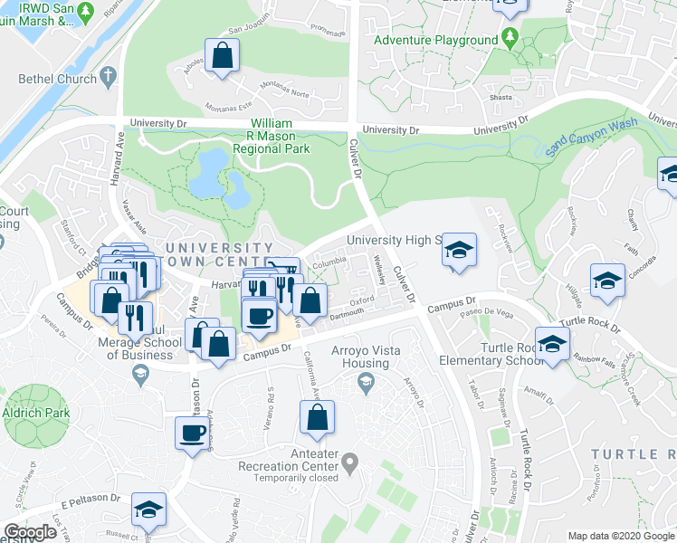 map of restaurants, bars, coffee shops, grocery stores, and more near 22 Columbia in Irvine