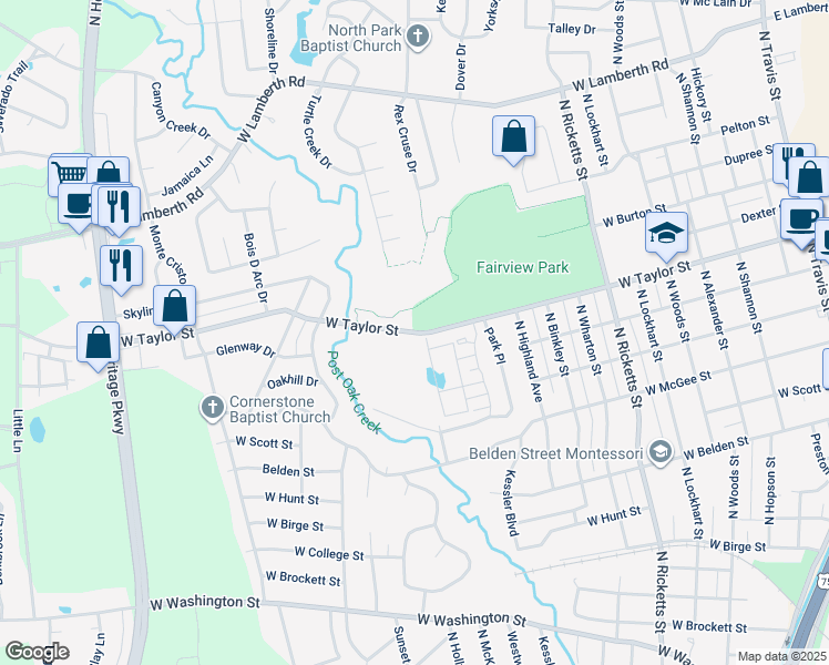 map of restaurants, bars, coffee shops, grocery stores, and more near 1203 West Taylor Street in Sherman