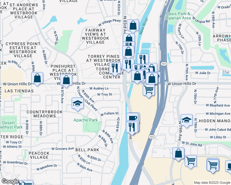 map of restaurants, bars, coffee shops, grocery stores, and more near 8342 West Bluefield Avenue in Peoria