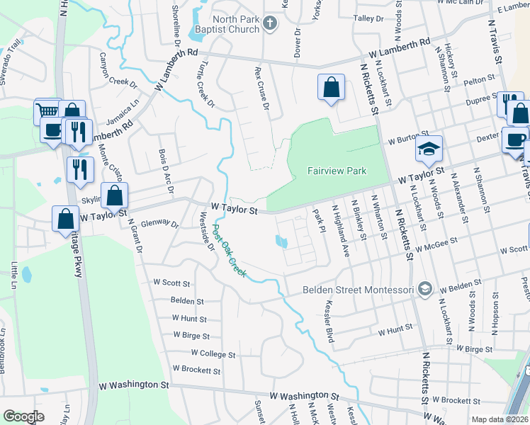 map of restaurants, bars, coffee shops, grocery stores, and more near West Taylor Street in Sherman