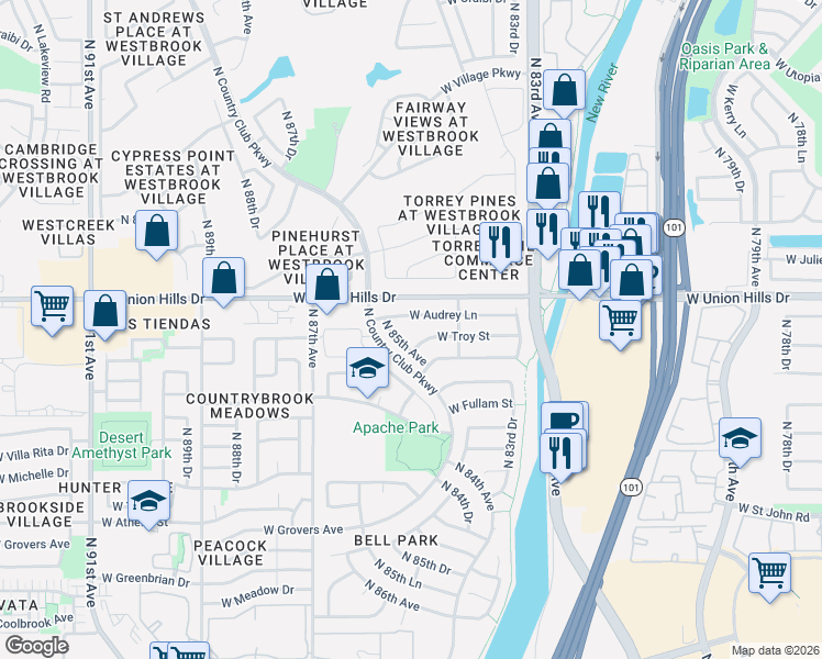 map of restaurants, bars, coffee shops, grocery stores, and more near 8455 West Troy Street in Peoria