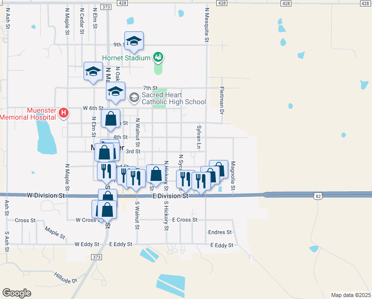 map of restaurants, bars, coffee shops, grocery stores, and more near 308 North Sycamore Street in Muenster
