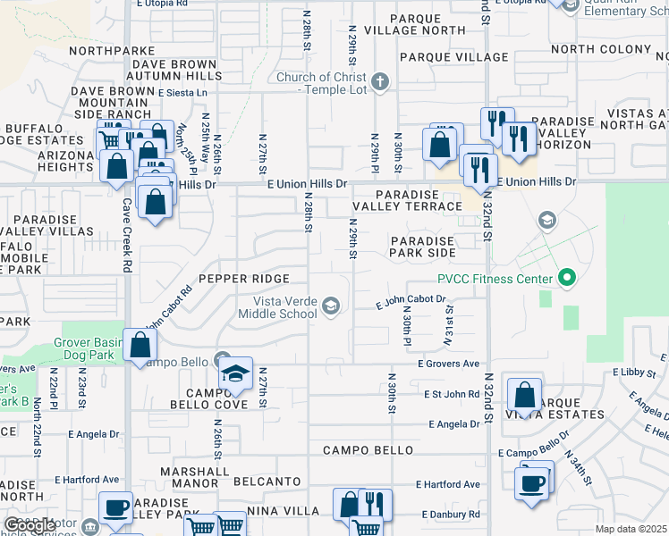 map of restaurants, bars, coffee shops, grocery stores, and more near 2830 East Villa Rita Drive in Phoenix