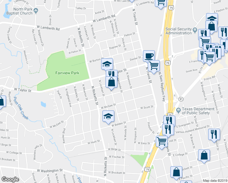 map of restaurants, bars, coffee shops, grocery stores, and more near 415 West Texas Street in Sherman