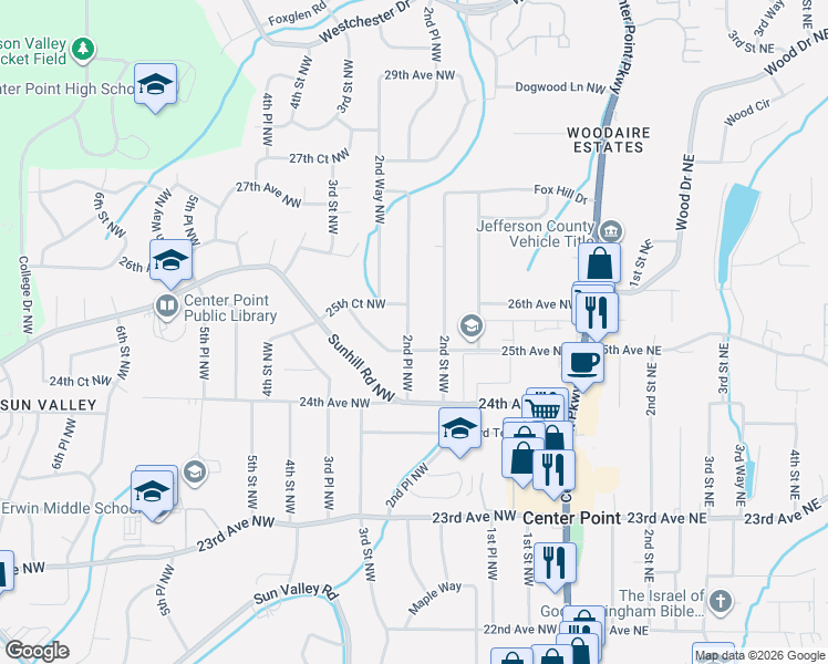 map of restaurants, bars, coffee shops, grocery stores, and more near 2417 2nd Place Northwest in Center Point