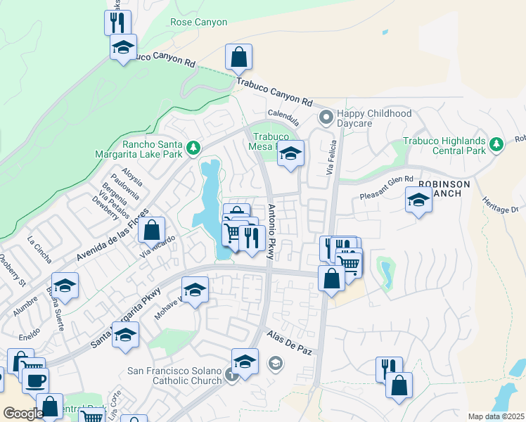 map of restaurants, bars, coffee shops, grocery stores, and more near 16 Vía Garceta in Rancho Santa Margarita
