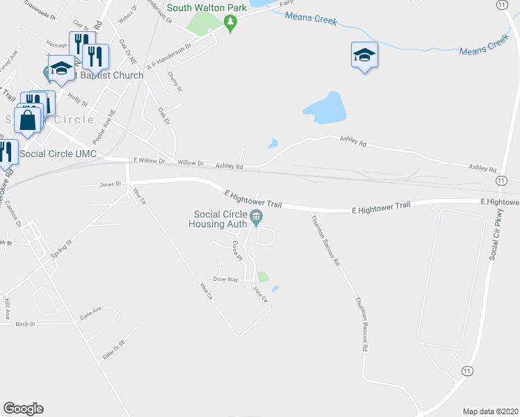 map of restaurants, bars, coffee shops, grocery stores, and more near 108 Vine Circle in Social Circle