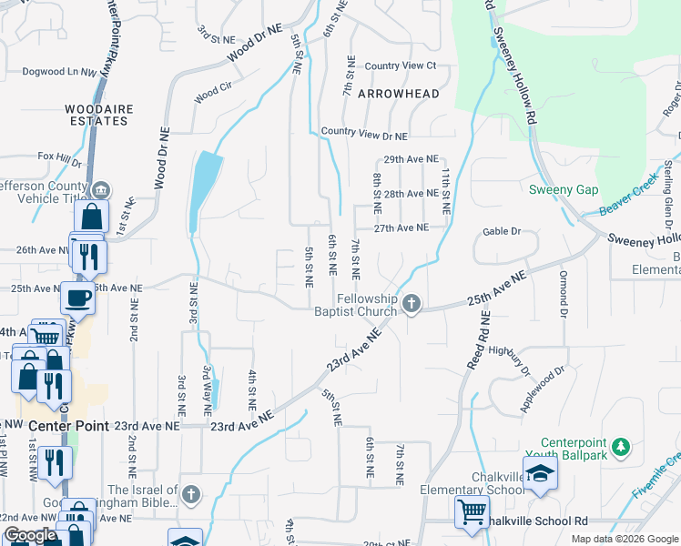map of restaurants, bars, coffee shops, grocery stores, and more near 2508 6th Street Northeast in Center Point