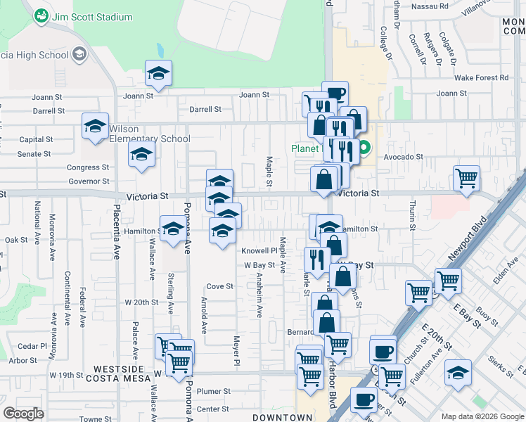 map of restaurants, bars, coffee shops, grocery stores, and more near 574 Hamilton Street in Costa Mesa