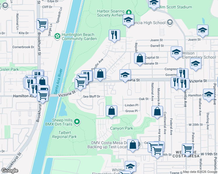 map of restaurants, bars, coffee shops, grocery stores, and more near 1051 Westward Way in Costa Mesa