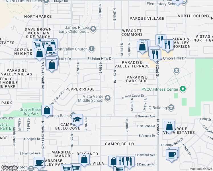 map of restaurants, bars, coffee shops, grocery stores, and more near 2826 East Grovers Avenue in Phoenix