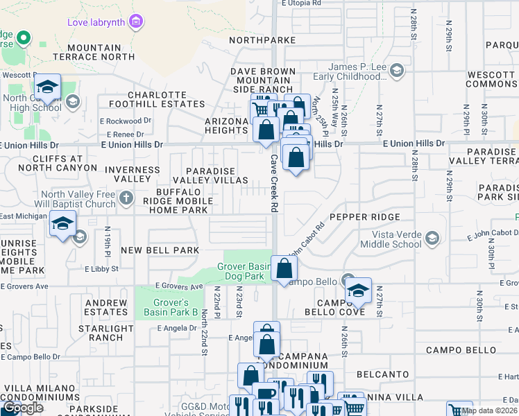 map of restaurants, bars, coffee shops, grocery stores, and more near 6 East Villa Rita Drive in Phoenix