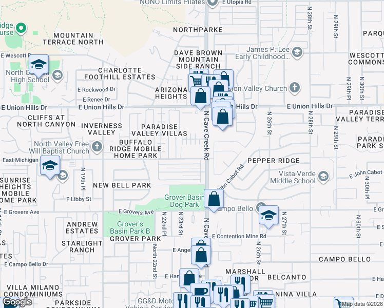 map of restaurants, bars, coffee shops, grocery stores, and more near 6 East Villa Rita Drive in Phoenix