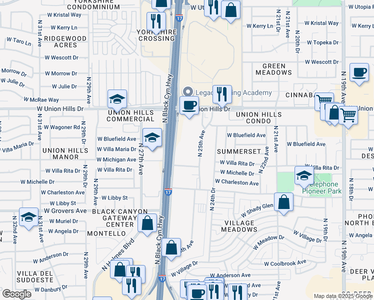 map of restaurants, bars, coffee shops, grocery stores, and more near 16 West Villa Rita Drive in Phoenix