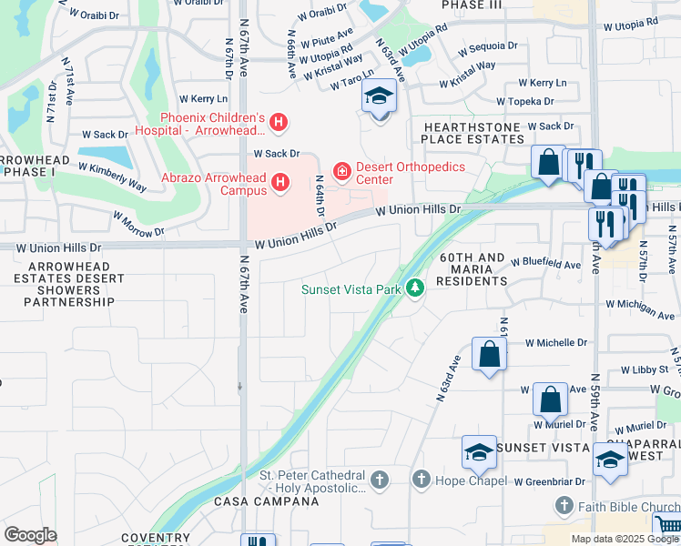 map of restaurants, bars, coffee shops, grocery stores, and more near 6407 West Bluefield Avenue in Glendale