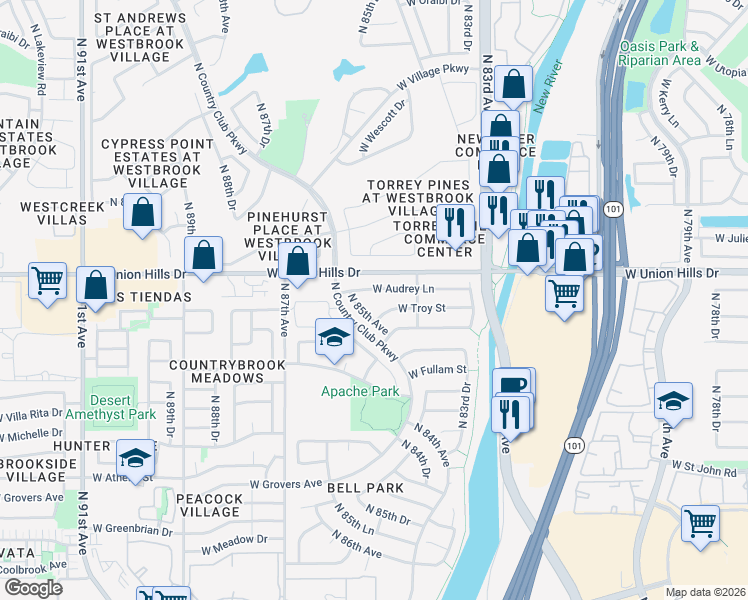 map of restaurants, bars, coffee shops, grocery stores, and more near 8455 West Troy Street in Peoria