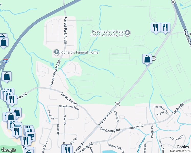 map of restaurants, bars, coffee shops, grocery stores, and more near 1220 Erica Way Southeast in Atlanta