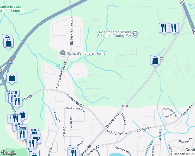 map of restaurants, bars, coffee shops, grocery stores, and more near 1212 Erica Way Southeast in Atlanta