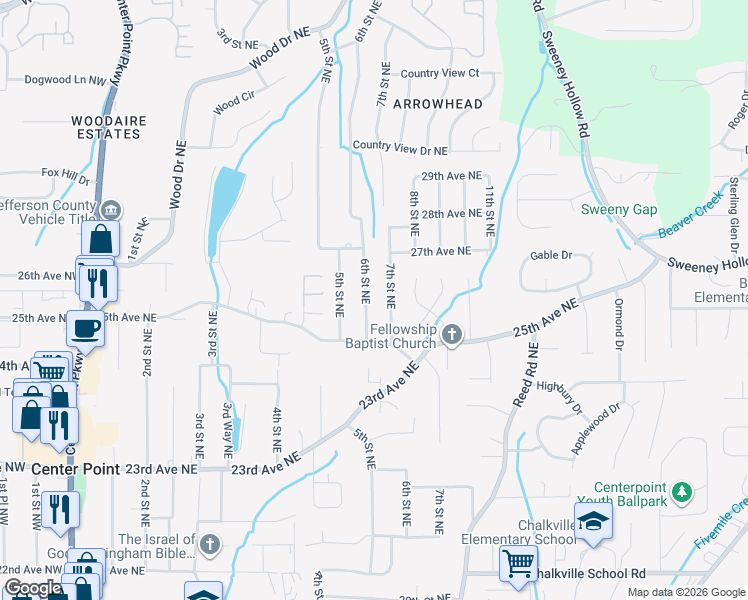 map of restaurants, bars, coffee shops, grocery stores, and more near 2508 6th Street Northeast in Center Point