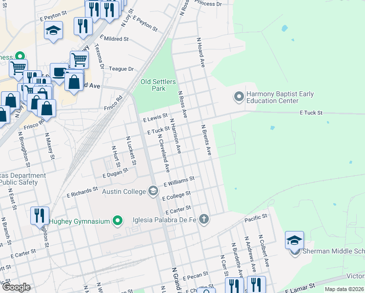 map of restaurants, bars, coffee shops, grocery stores, and more near 1109 North Harrison Avenue in Sherman