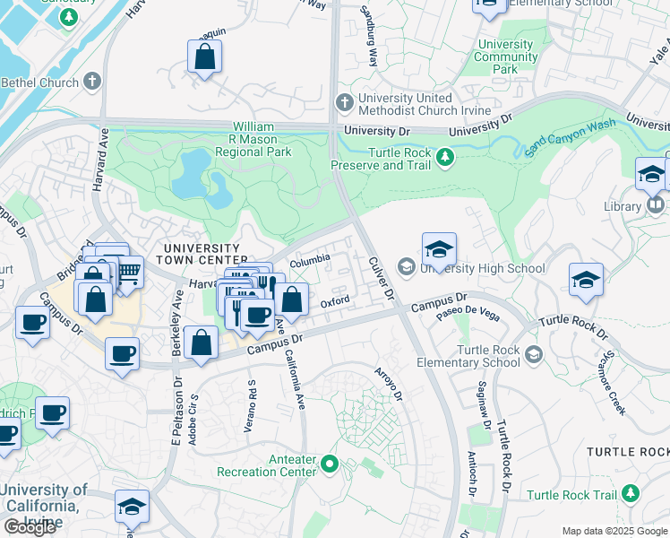 map of restaurants, bars, coffee shops, grocery stores, and more near 22 Columbia in Irvine