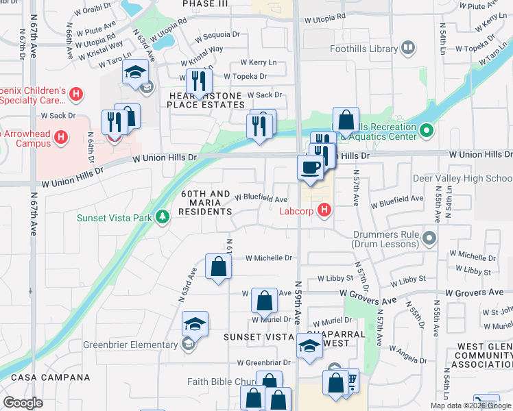 map of restaurants, bars, coffee shops, grocery stores, and more near 6008 West Michigan Avenue in Glendale