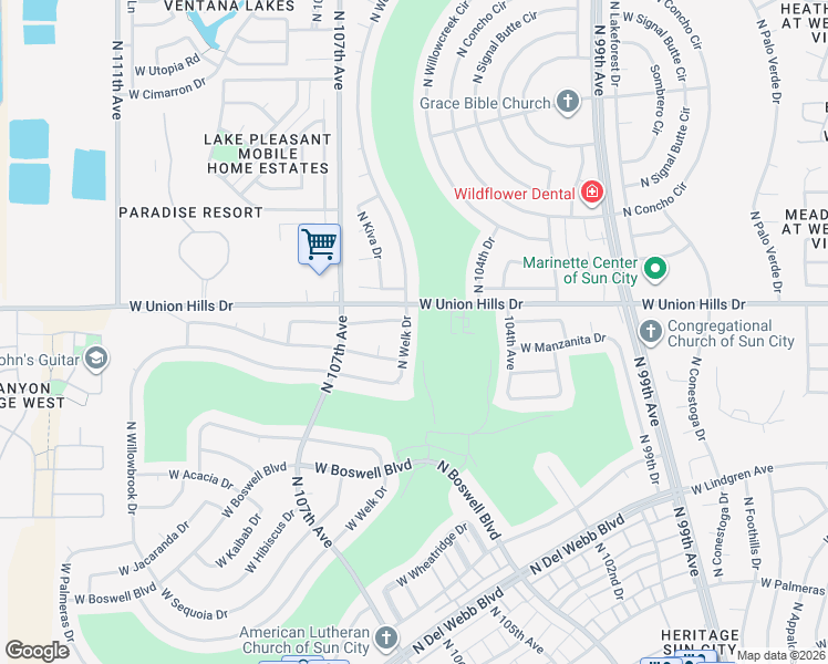 map of restaurants, bars, coffee shops, grocery stores, and more near 18405 North Welk Drive in Sun City