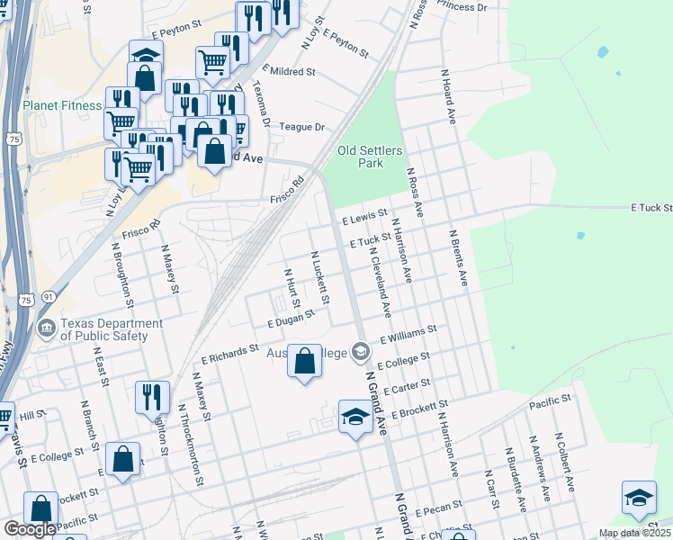 map of restaurants, bars, coffee shops, grocery stores, and more near 1211 North Luckett Street in Sherman