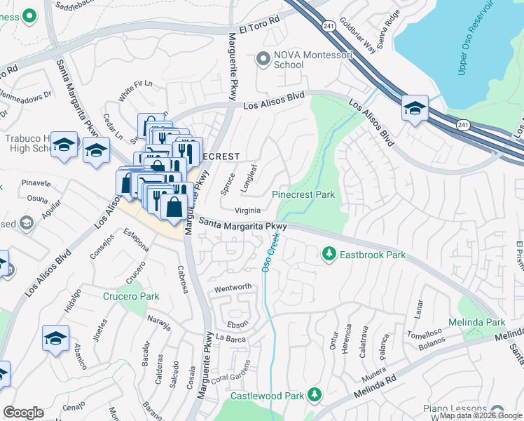 map of restaurants, bars, coffee shops, grocery stores, and more near 27992 Virginia in Mission Viejo