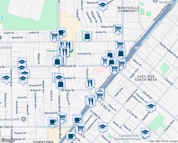 map of restaurants, bars, coffee shops, grocery stores, and more near 336 Hamilton Street in Costa Mesa