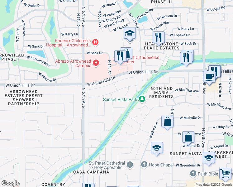 map of restaurants, bars, coffee shops, grocery stores, and more near 6407 West Bluefield Avenue in Glendale